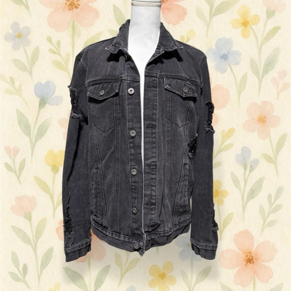 Request Premium Distressed Black Denim Jacket L Grunge Y2K Punk Cotton - Picture 2 of 8